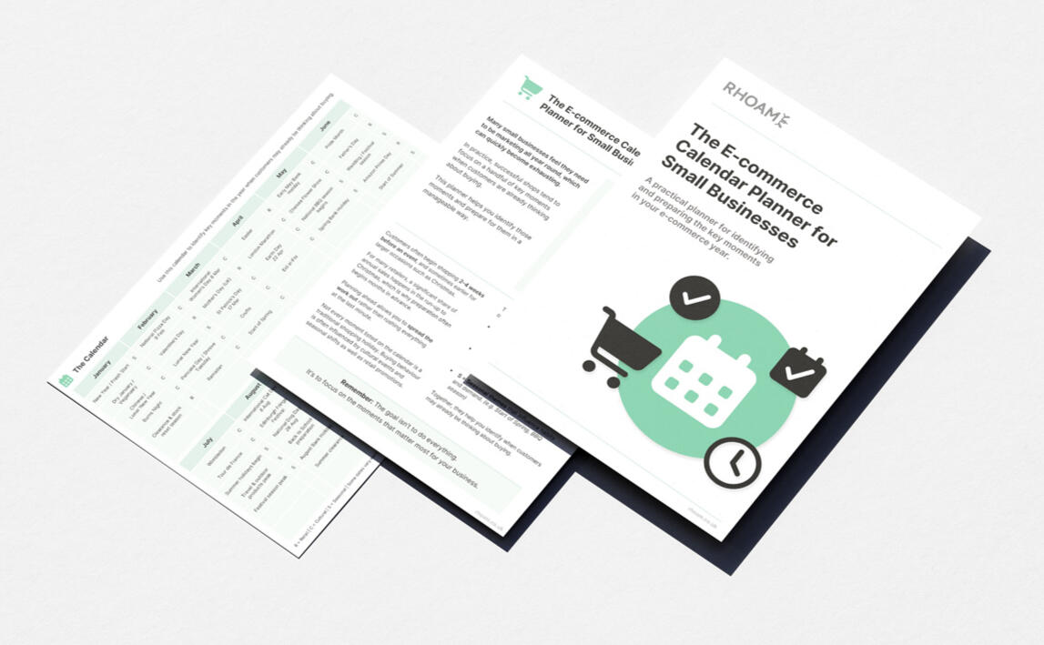 Mockup of the E-commerce Calendar Planner for Small Businesses showing the cover design, retail event calendar, and campaign planning checklist.