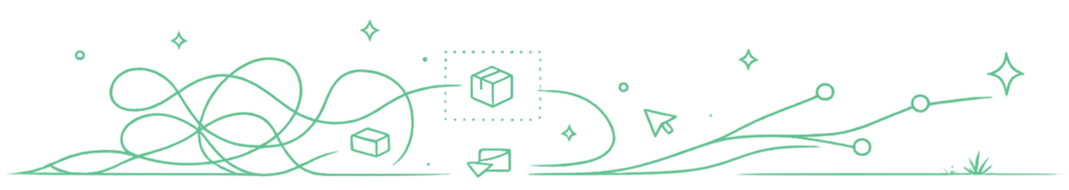 Rhoam Selling Untangle Minimal monochrome line illustration showing tangled paths gradually becoming smooth flowing lines, with small ecommerce-inspired symbols like parcels and connection points representing organised systems and problem solving