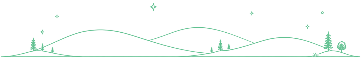 Minimal line-art illustration of rolling hills and small trees beneath a calm night sky with subtle stars, drawn in a single dark green outline on a light background.