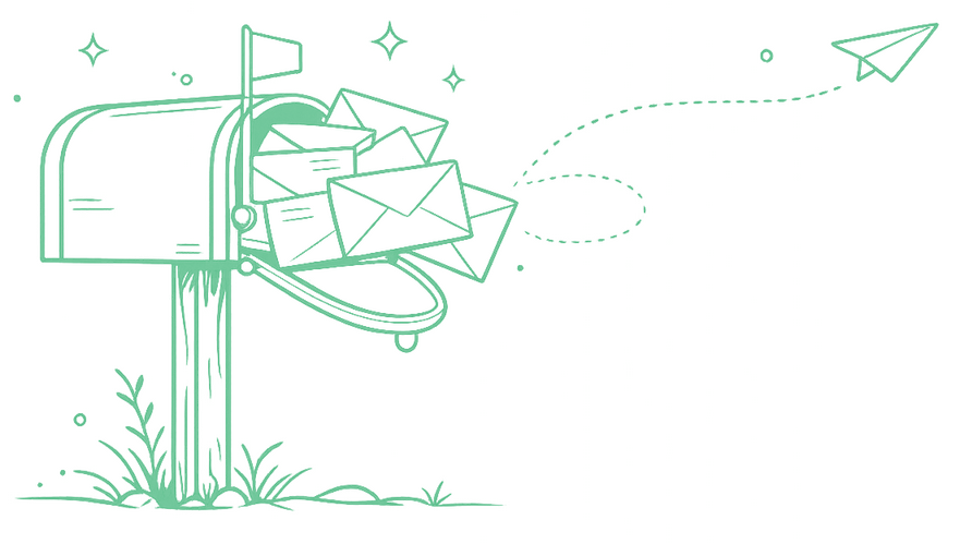Minimal monochrome illustration of a countryside-style mailbox overflowing with letters, with a paper aeroplane flying away along a dotted path.